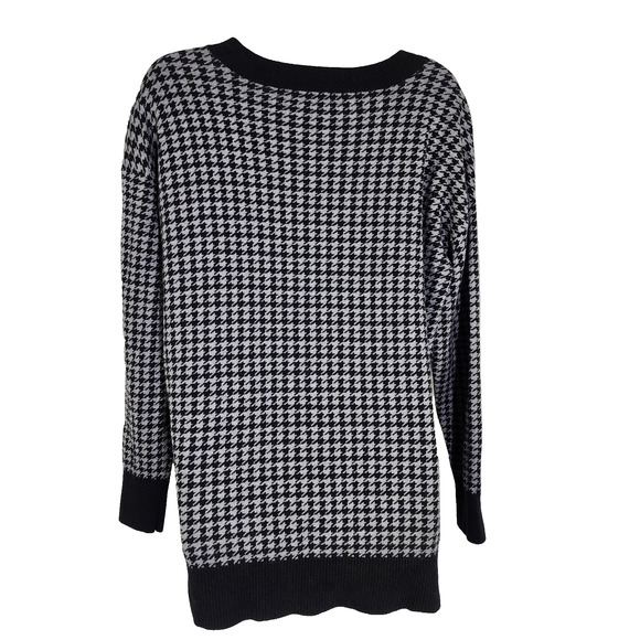 LOFT Womens Sweater Black White Houndstooth Crewneck Button Detail Cotton Medium - Picture 2 of 10